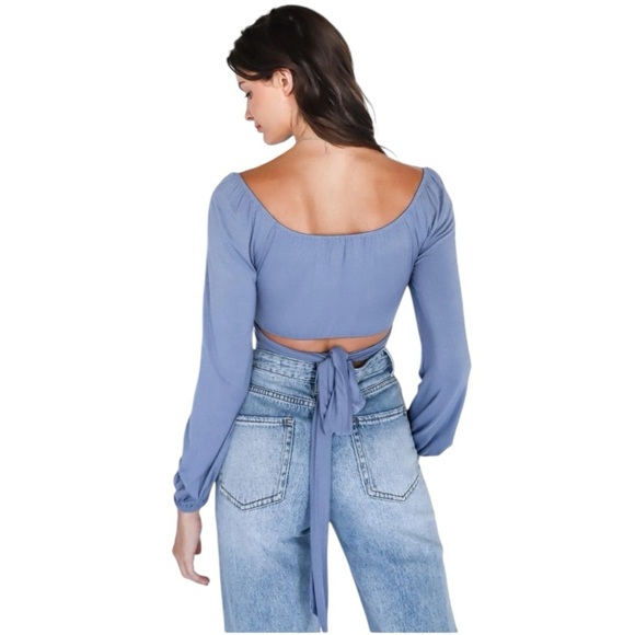 ACTIVE USA Back Tie Puff Long Sleeve Crop Top Steel‎ Blue Purple Size L Shirt - Picture 2 of 6